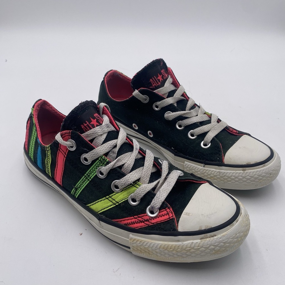 Converse All‎ Star Black Neon Rainbow Stripes Sneakers Shoes Womens Size 8 Low